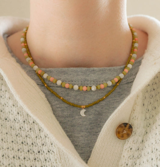 Crescent Moon Necklace | Delicate Seed Bead and Pearl Necklace