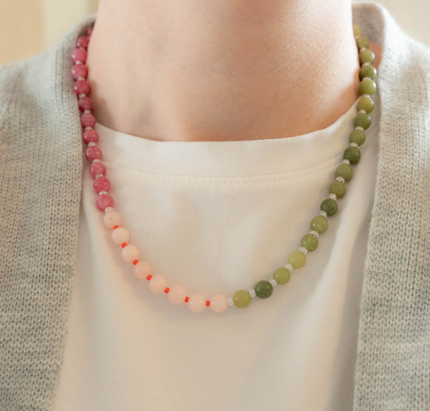 Cosmos Necklace | Pink & Green Gemstone Beaded Necklace
