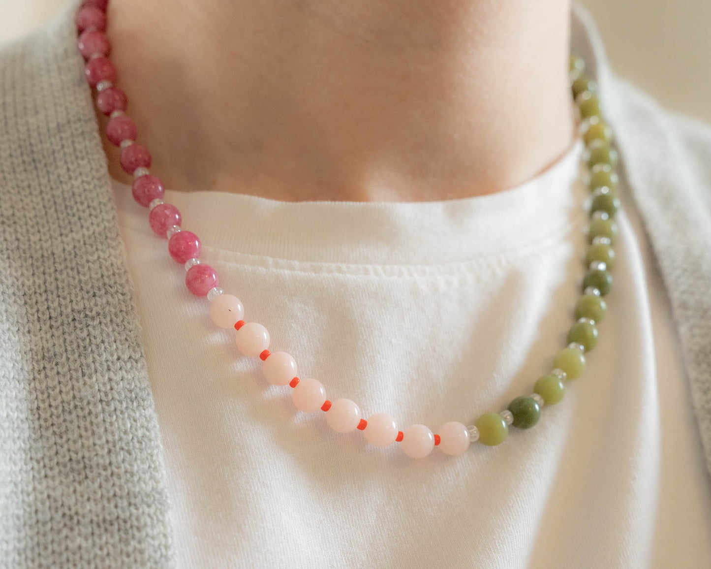 Cosmos Necklace | Pink & Green Gemstone Beaded Necklace