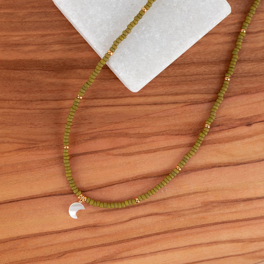 Crescent Moon Necklace | Delicate Seed Bead and Pearl Necklace
