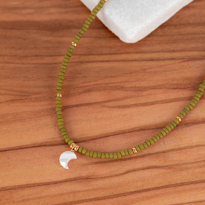 Crescent Moon Necklace | Delicate Seed Bead and Pearl Necklace