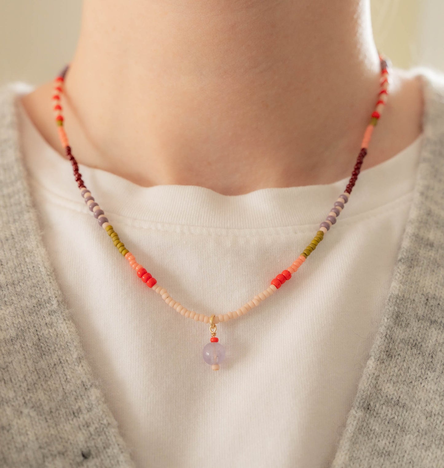 Heather Necklace | Colorful Seed Bead Necklace with Charm