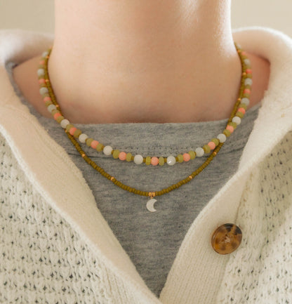 Crescent Moon Necklace | Delicate Seed Bead and Pearl Necklace