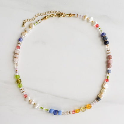 Wildflower Necklace | Mixed Gemstone, Pearl, and Glass Beaded Necklace