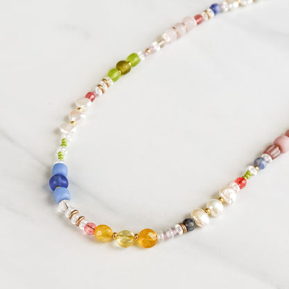 Wildflower Necklace | Mixed Gemstone, Pearl, and Glass Beaded Necklace