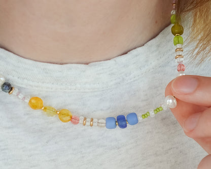 Wildflower Necklace | Mixed Gemstone, Pearl, and Glass Beaded Necklace