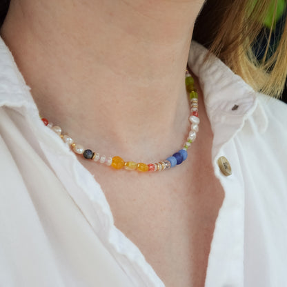 Wildflower Necklace | Mixed Gemstone, Pearl, and Glass Beaded Necklace