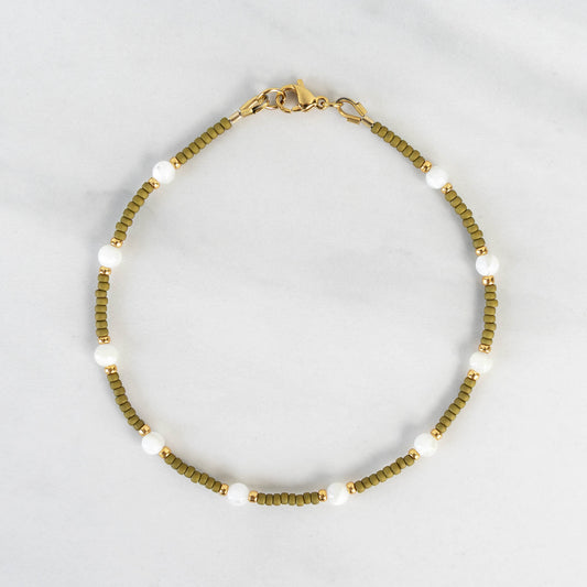 Olive Anklet | Delicate Seed Bead & Pearl Anklet