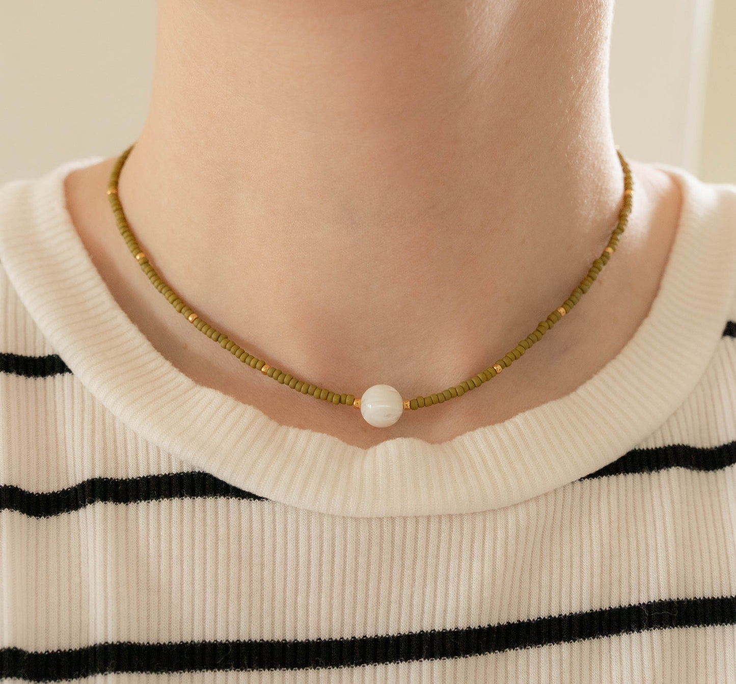 Olive Necklace | Delicate Seed Bead and Pearl Necklace