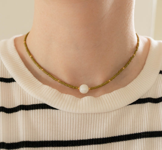 Olive Necklace | Delicate Seed Bead and Pearl Necklace