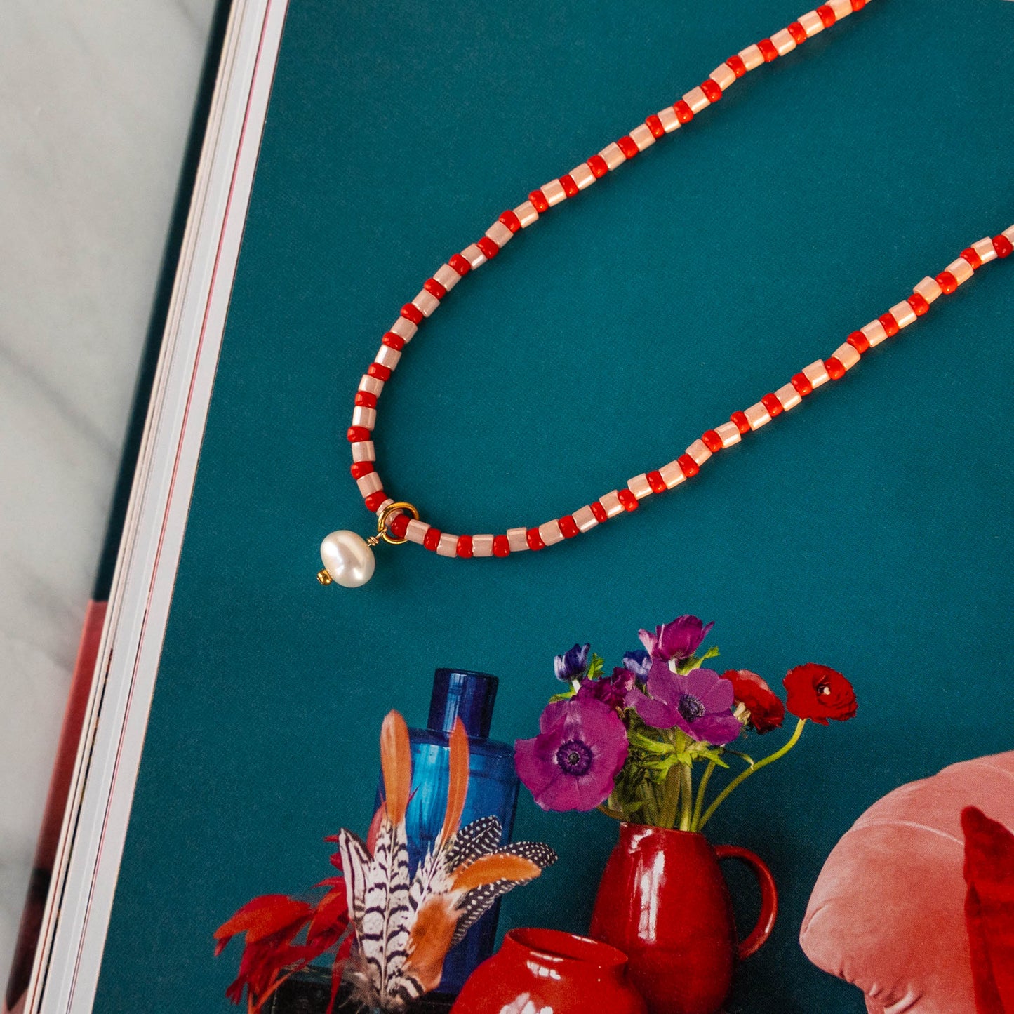 Stella Pendant Necklace | Pink & Red Pearl Drop Necklace