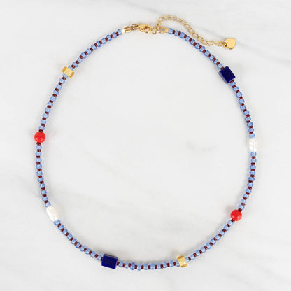 Sylvie Necklace | Blue & Red Seed Bead Necklace