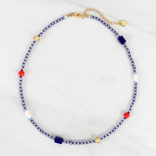 Sylvie Necklace | Blue & Red Seed Bead Necklace