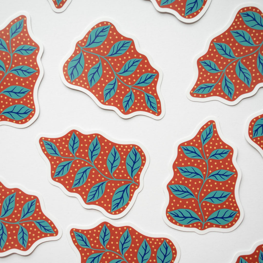 Group of botanical leaf stickers in red and turquoise
