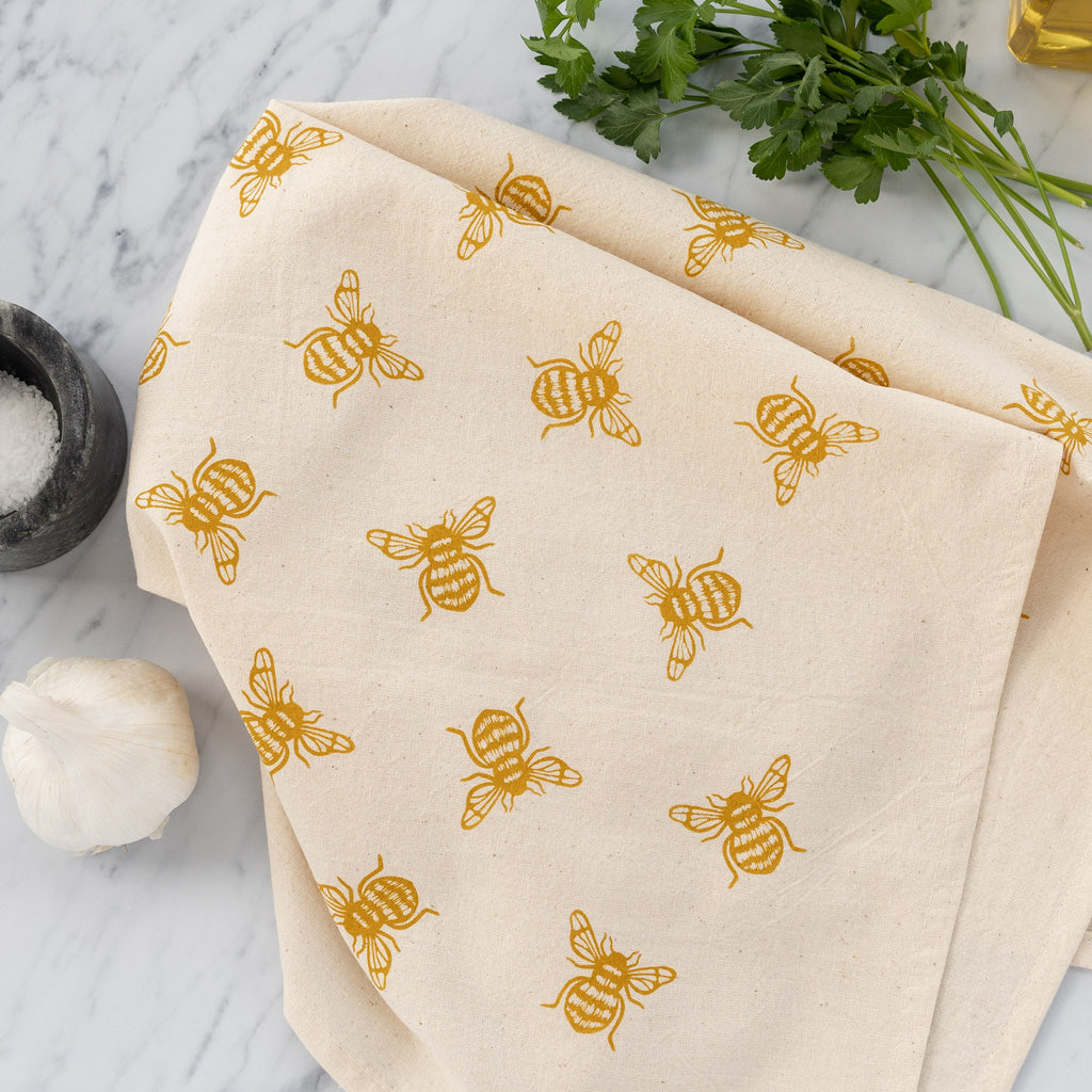 Gold Bee Tea Towel  Hand-printed on 100% Organic Flour Sack