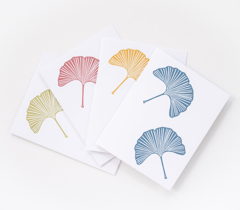 Ginkgo leaf greeting card set in four different colors