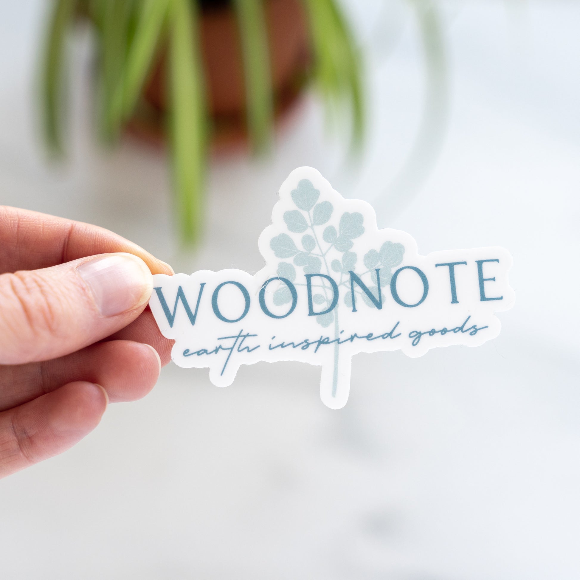 Hand holding a blue Woodnote logo sticker